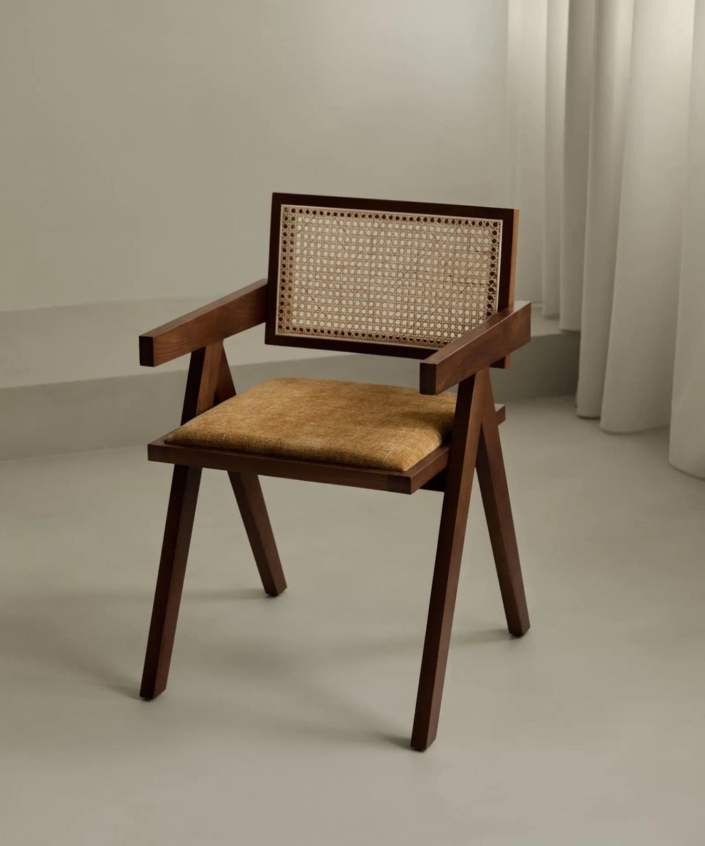 Chaise de salle à manger en bois, rotin et tissu Pauline Arms Color Edition