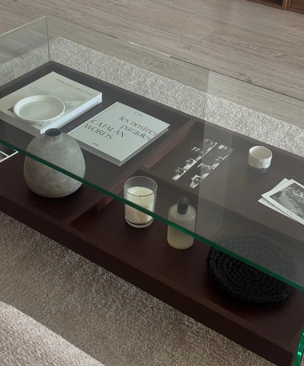 Table basse en verre trempé et bois Corina (110x55 cm)