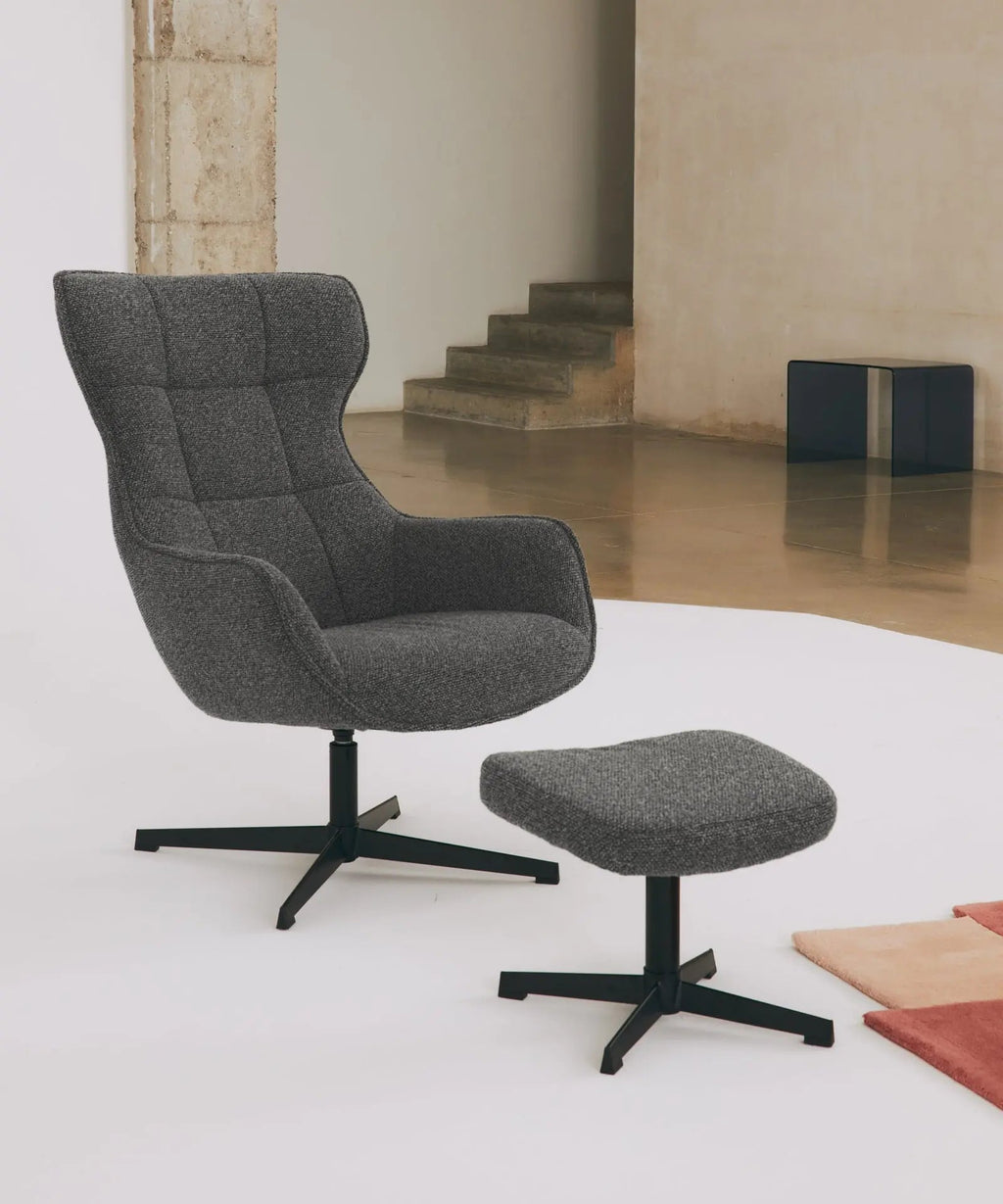Fauteuil rembourré avec tissu bouclé et pouf Elsa