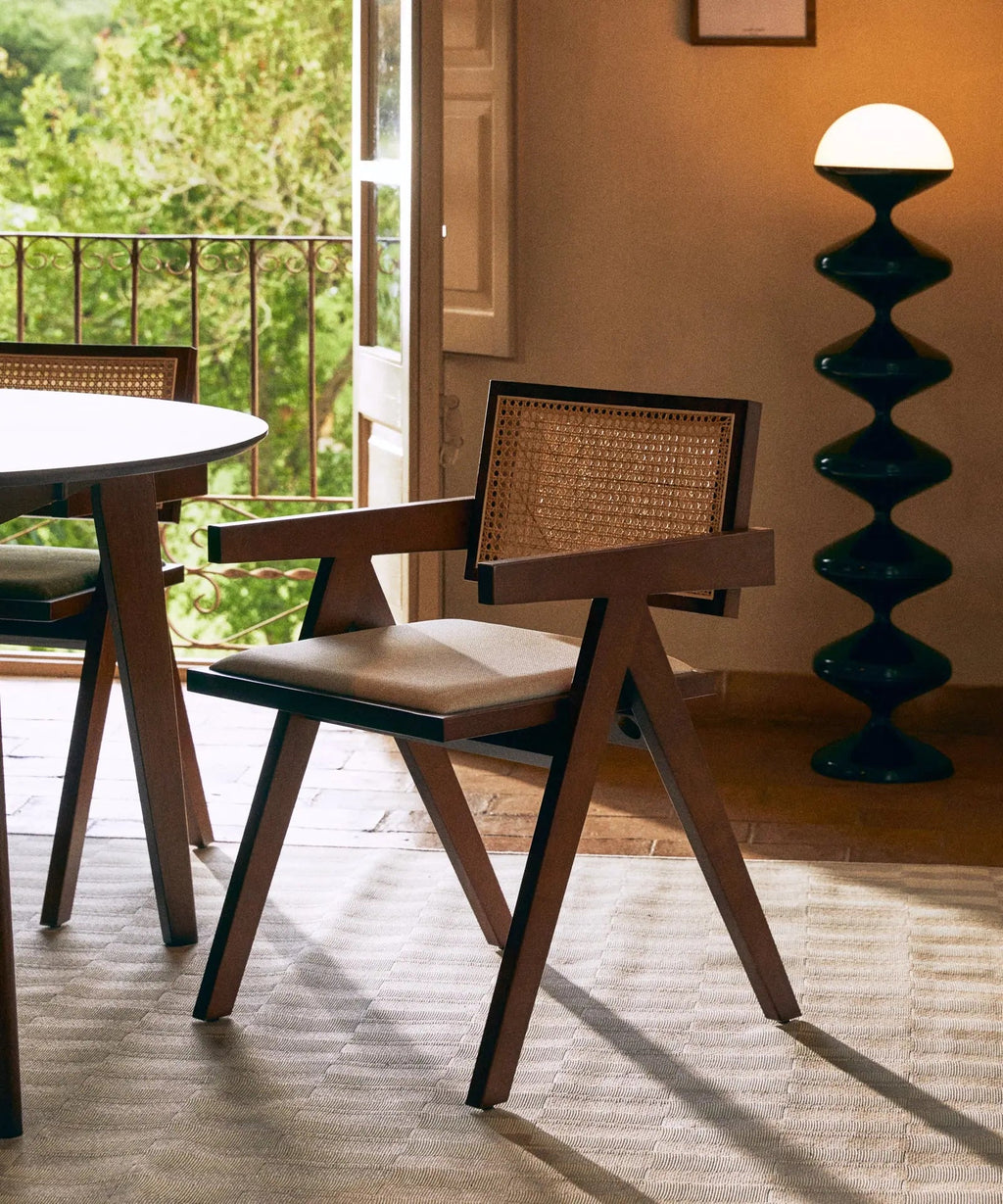 Chaise de salle à manger en bois, rotin et tissu Pauline Arms
