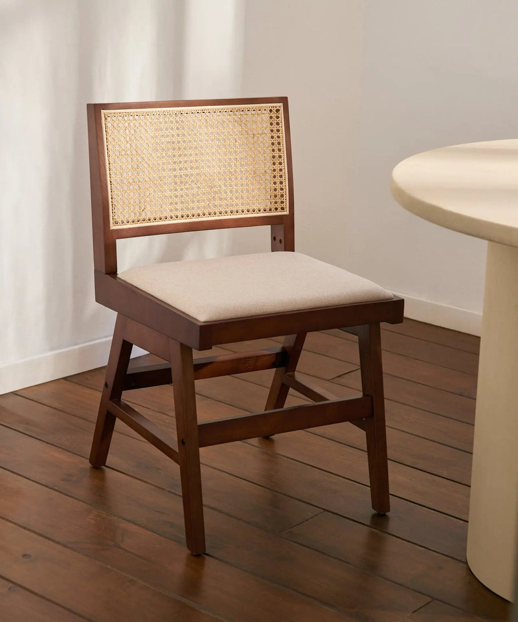 Chaise de salle à manger en bois, rotin et tissu Pauline