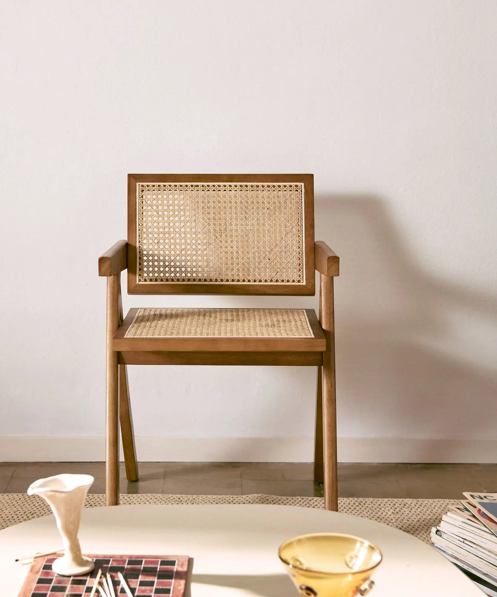 Chaise de salle à manger en bois et rotin avec accoudoirs Chiara Arms
