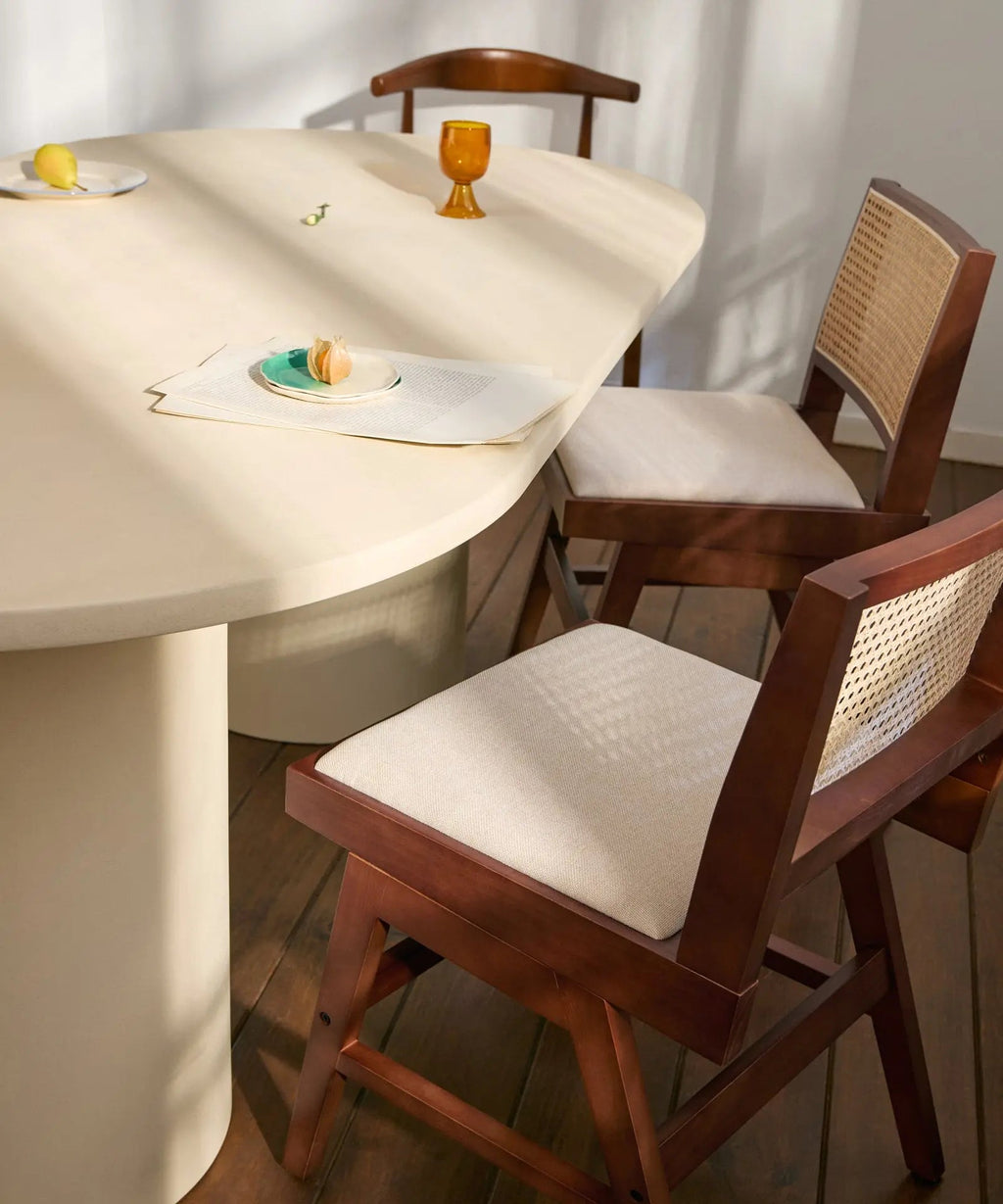 Chaise de salle à manger en bois, rotin et tissu Pauline