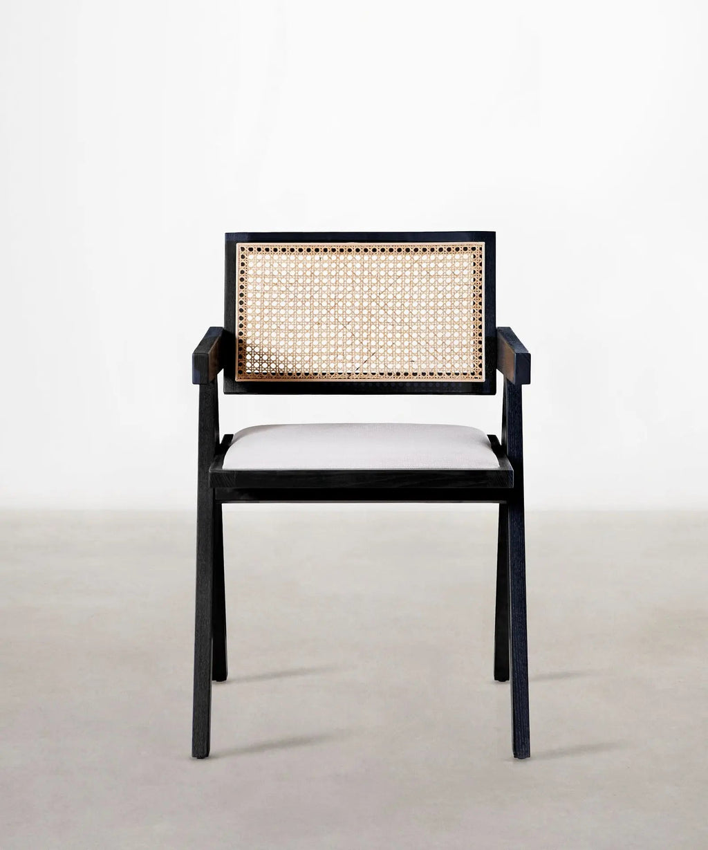 Chaise de salle à manger en bois, rotin et tissu Pauline Arms