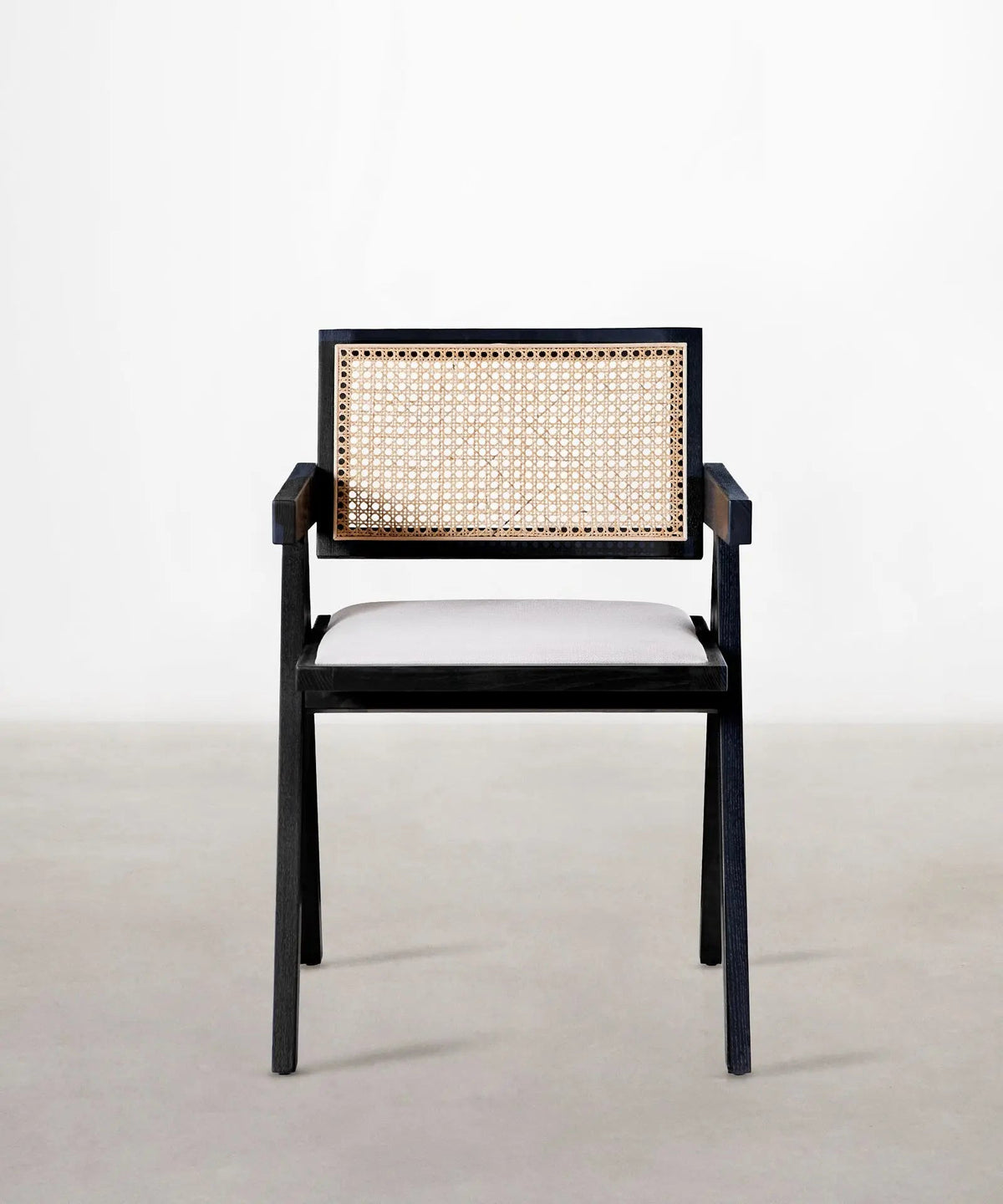 Chaise de salle à manger en bois, rotin et tissu Pauline Arms