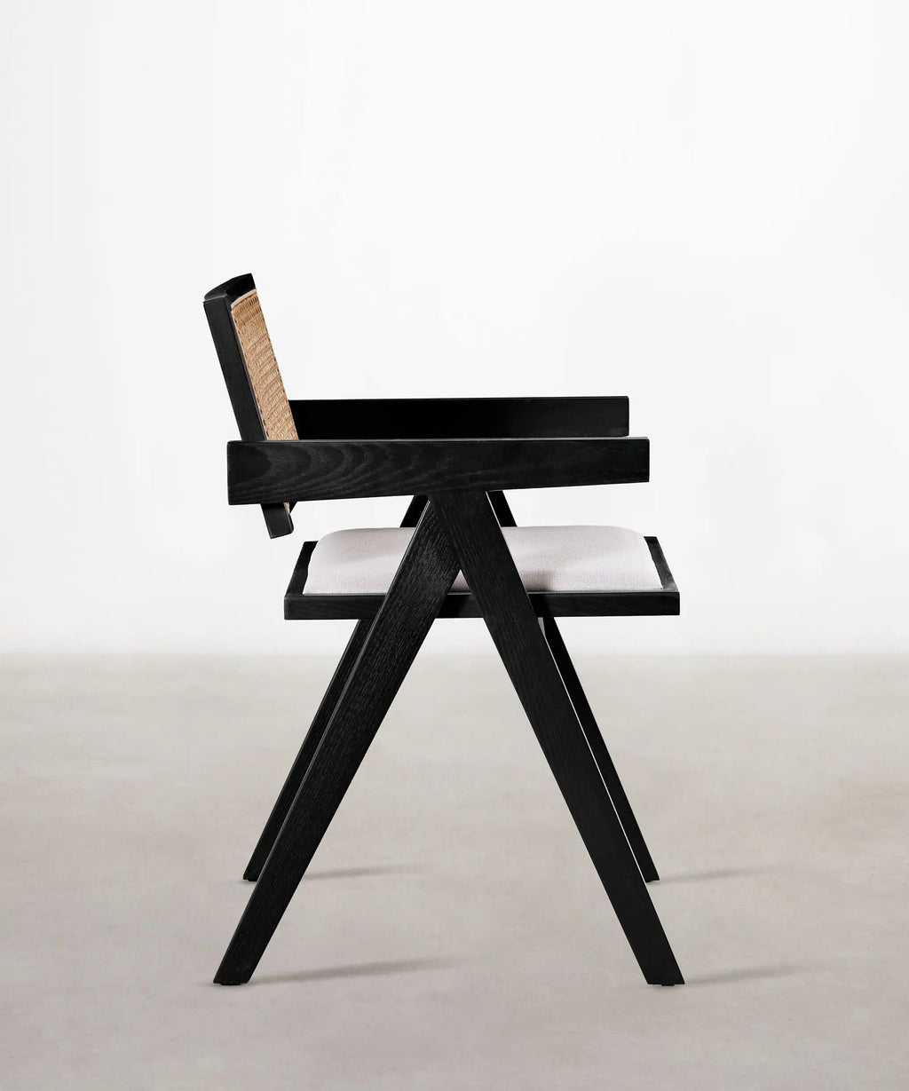 Chaise de salle à manger en bois, rotin et tissu Pauline Arms