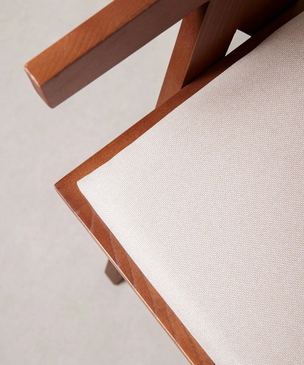 Chaise de salle à manger en bois, rotin et tissu Pauline Arms