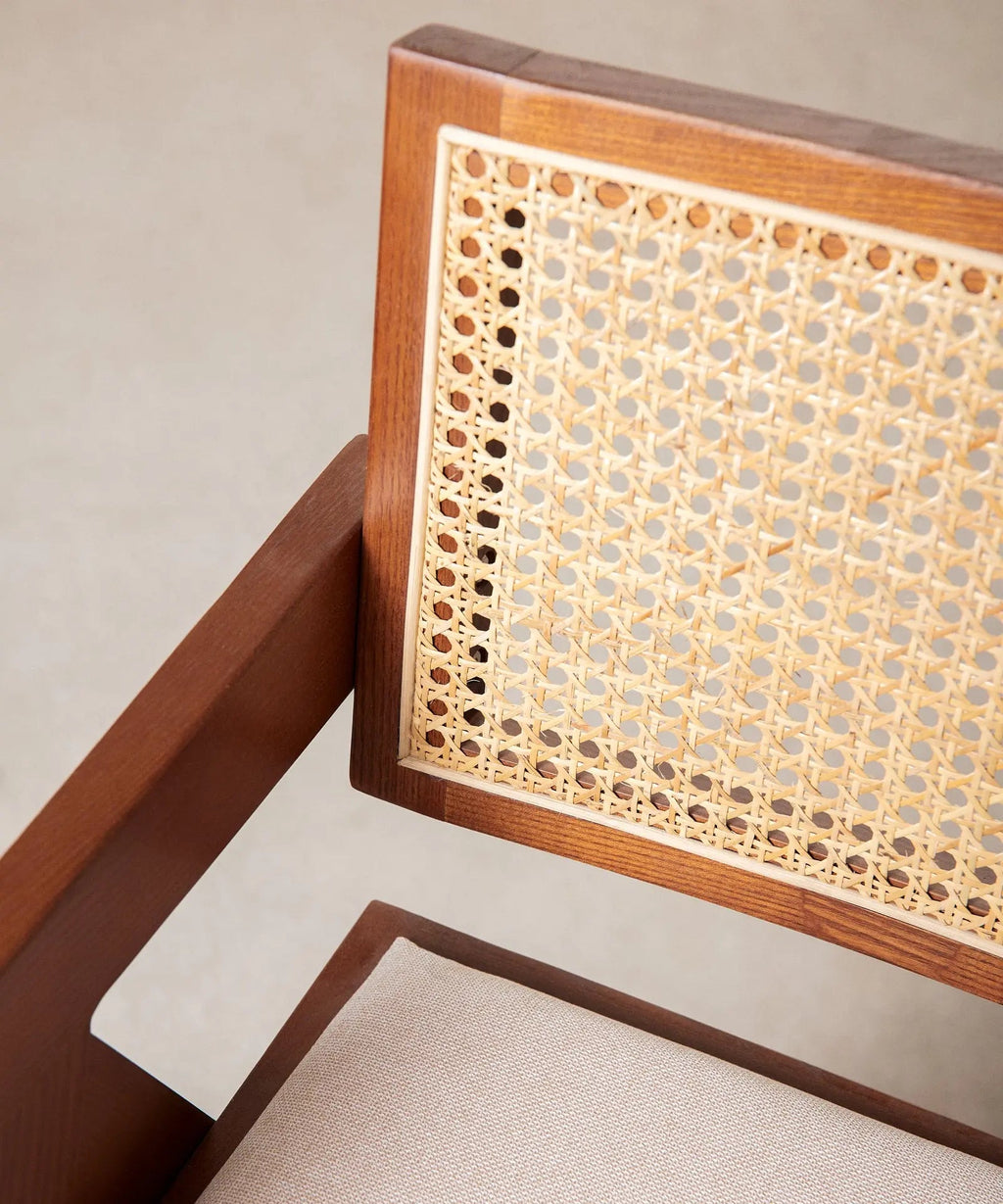 Chaise de salle à manger en bois, rotin et tissu Pauline Arms