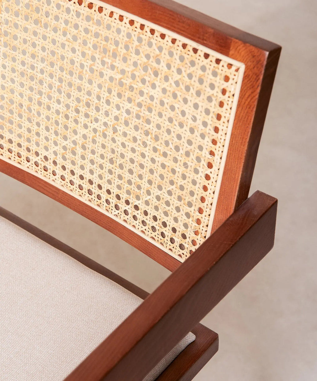Chaise de salle à manger en bois, rotin et tissu Pauline Arms