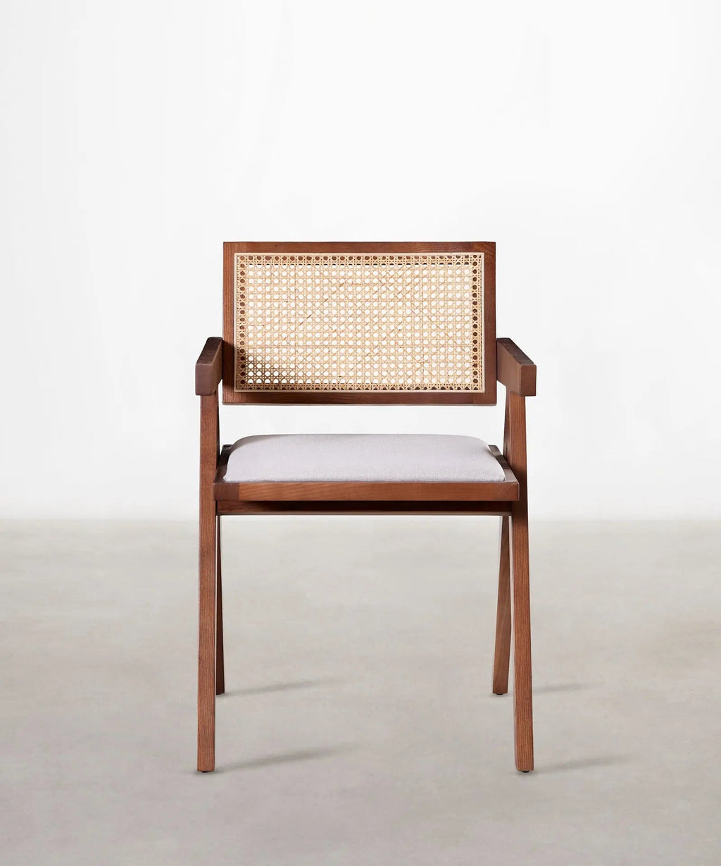Chaise de salle à manger en bois, rotin et tissu Pauline Arms