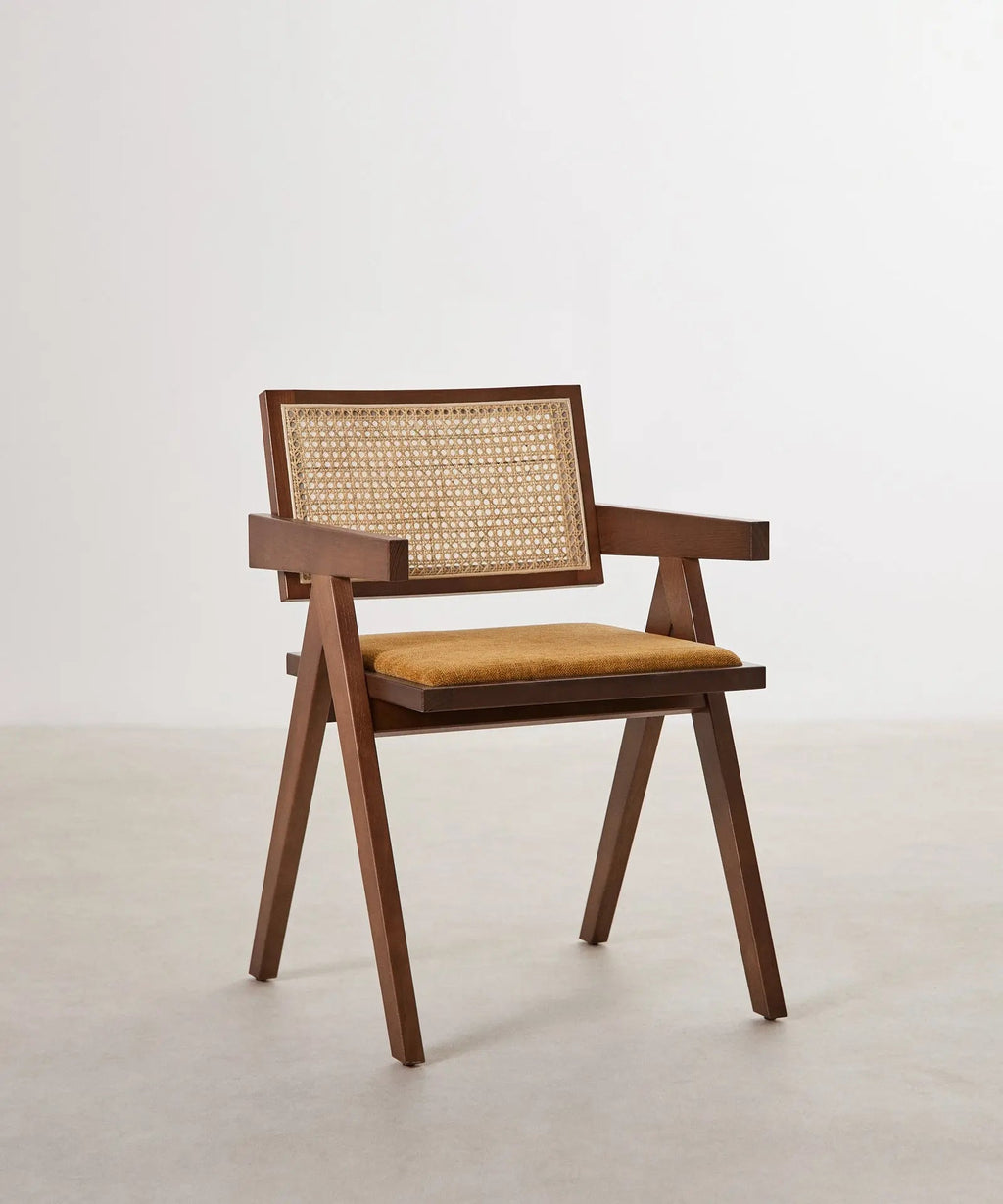 Chaise de salle à manger en bois, rotin et tissu Pauline Arms Color Edition