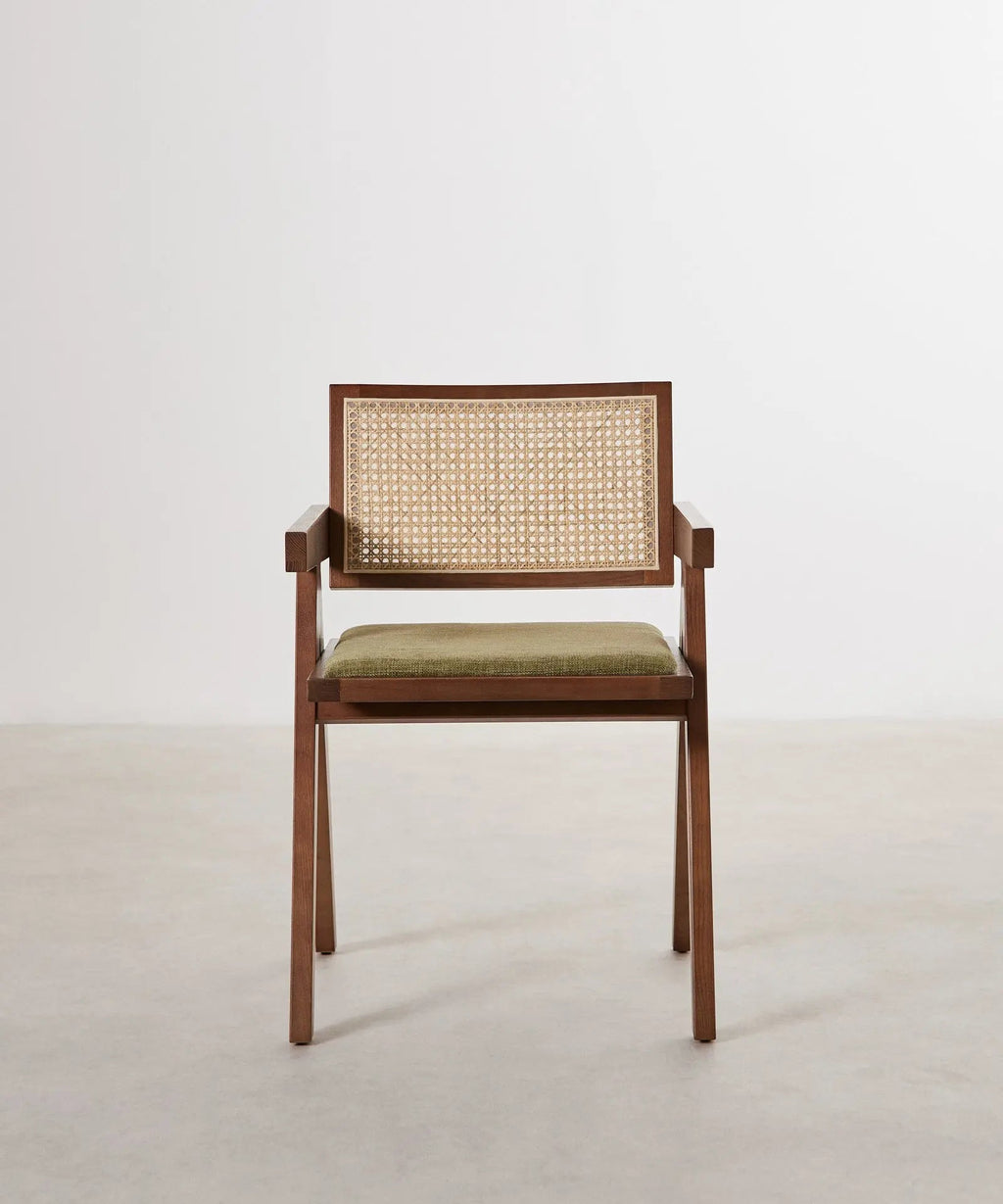 Chaise de salle à manger en bois, rotin et tissu Pauline Arms Color Edition