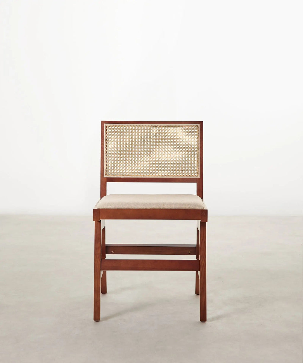 Chaise de salle à manger en bois, rotin et tissu Pauline